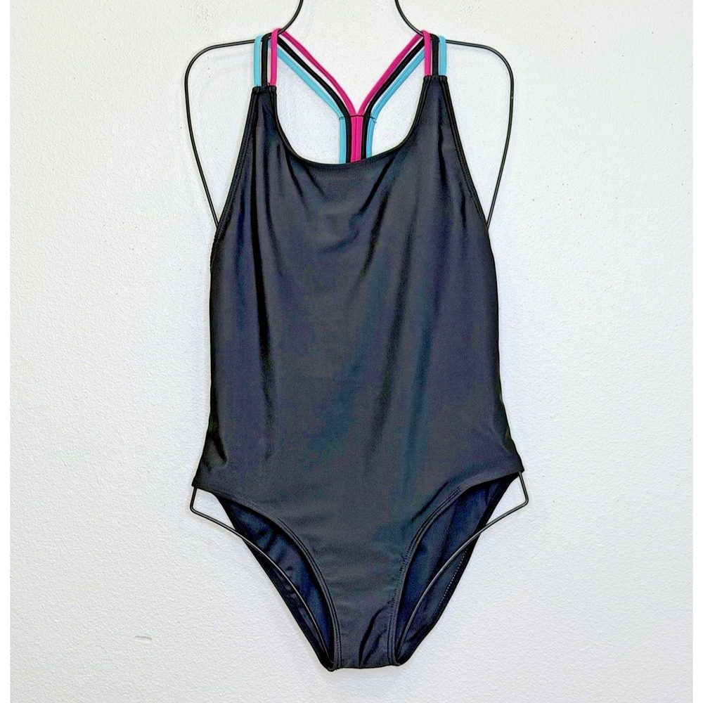 One Piece Swimsuit Womens Medium Black Racerback w/ Turquoise & Hot Pink Straps